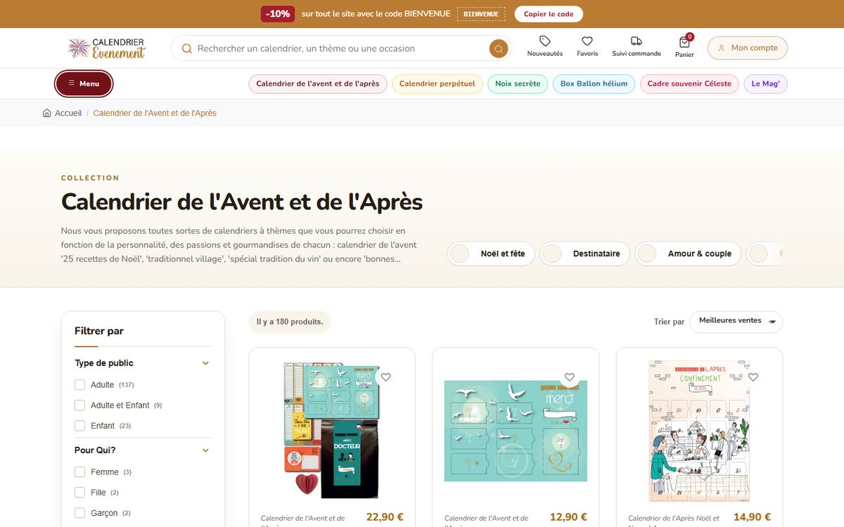 Page catégorie : bandeau, sous-catégories en capsules, filtres et grille de produits