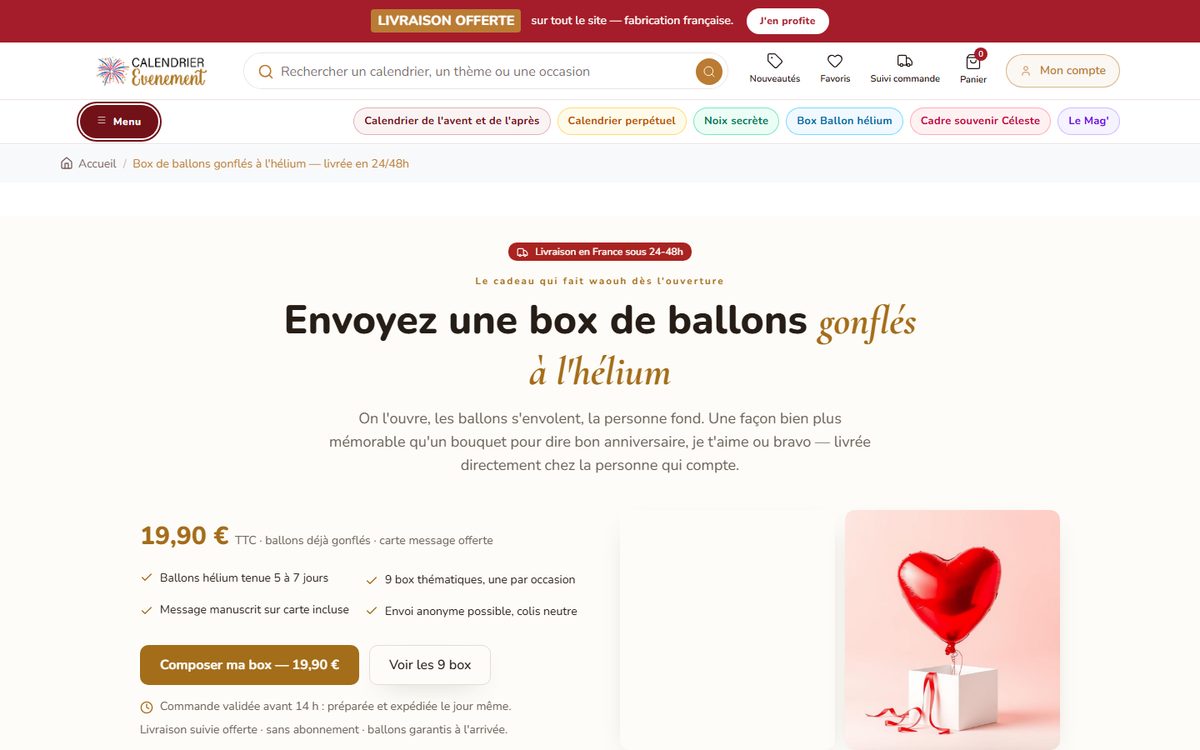 Page de vente des box de ballons gonflés à l’hélium