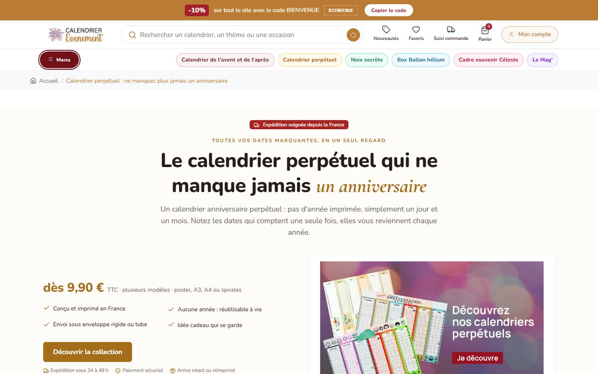 Page de vente du calendrier perpétuel anniversaire