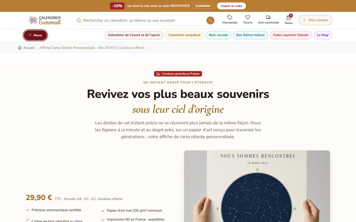 Configurateur d’affiche carte céleste personnalisée