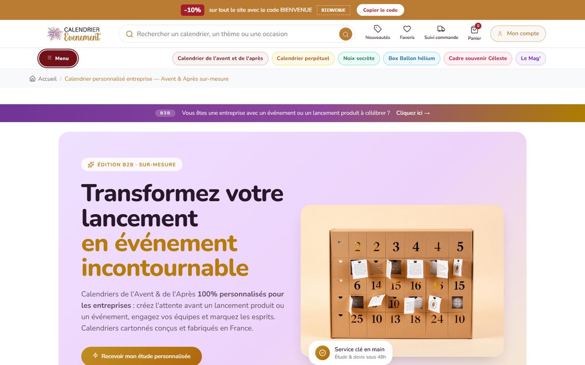 Page de vente des calendriers de l’Avent personnalisés pour entreprises
