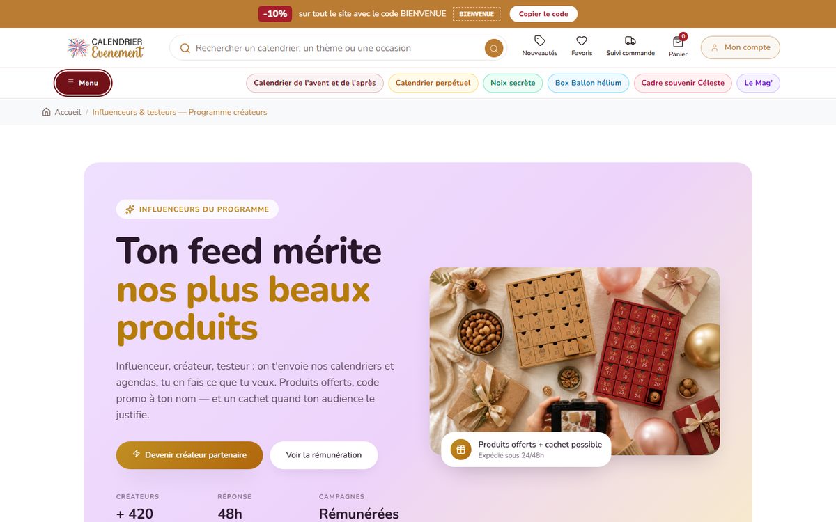 Page de candidature du programme créateurs et influenceurs