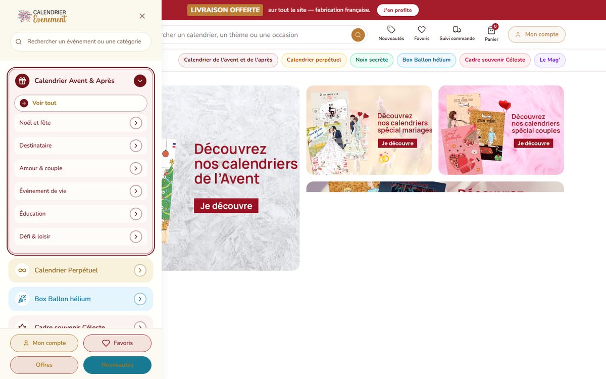 Tiroir de navigation ouvert