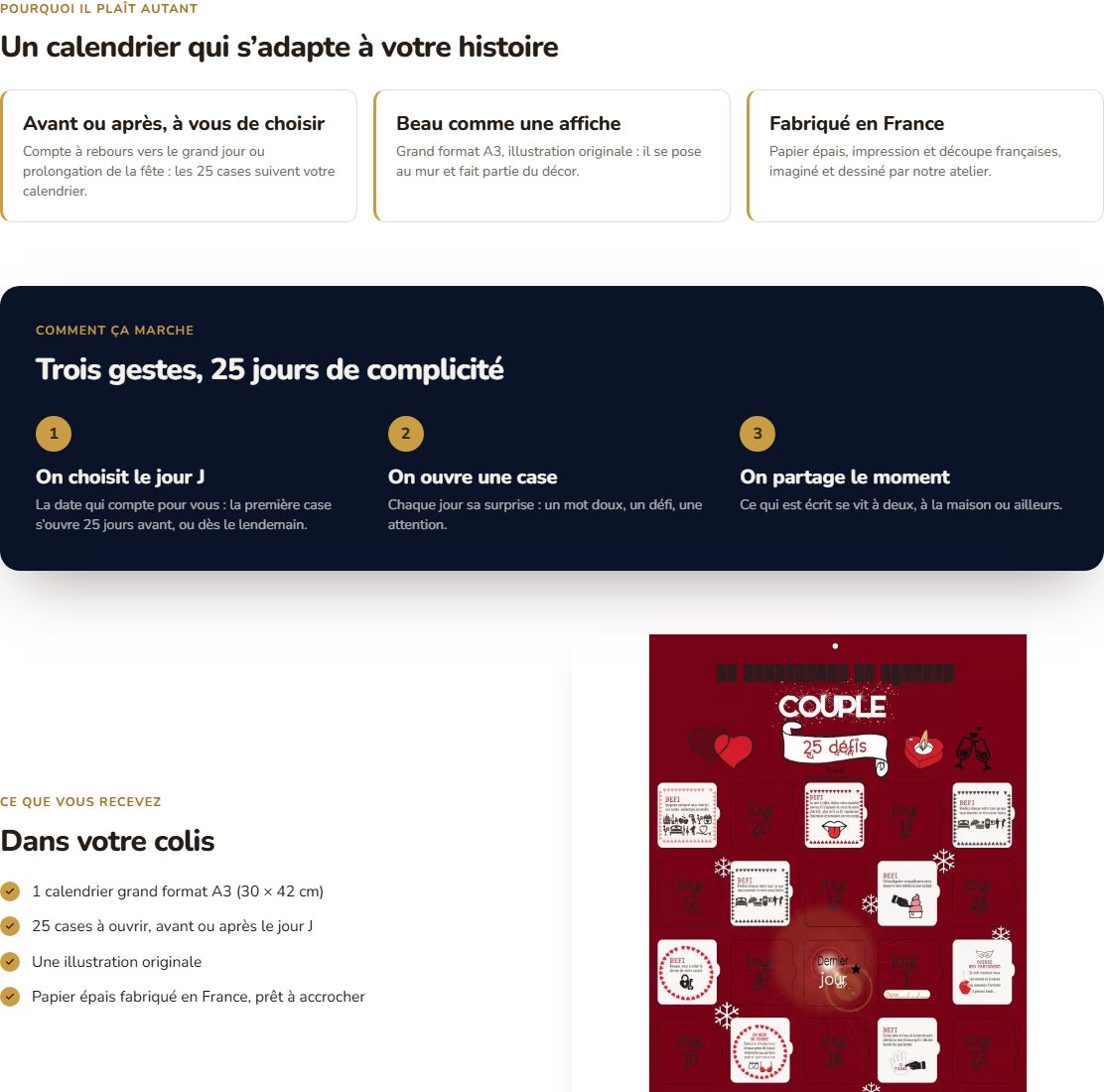 Sections « Pourquoi il plaît autant » et « Dans votre colis » de la fiche produit