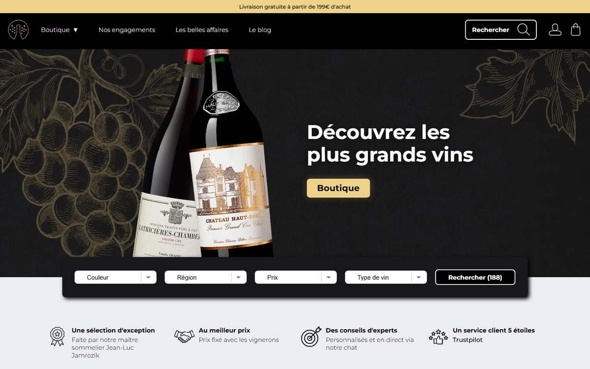 Page d’accueil de D’or et de vins, avec la recherche par couleur, région et prix