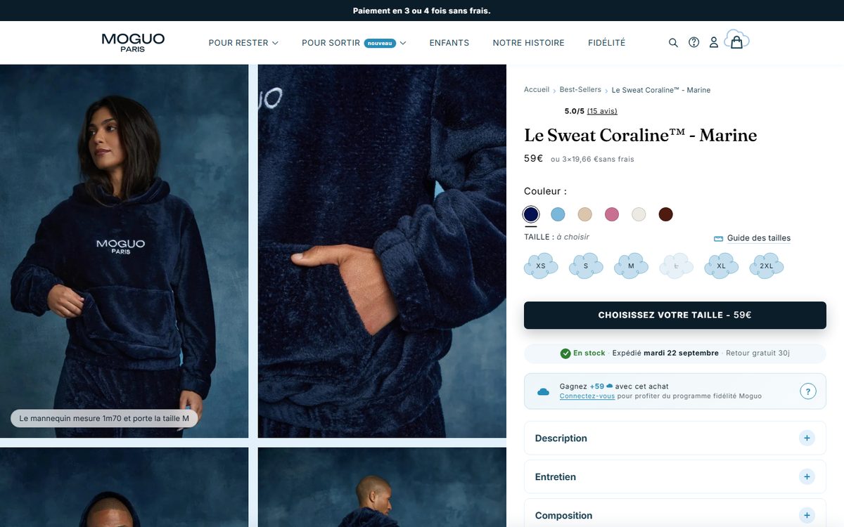 Fiche produit Moguo Paris : couleurs, tailles et guide des tailles